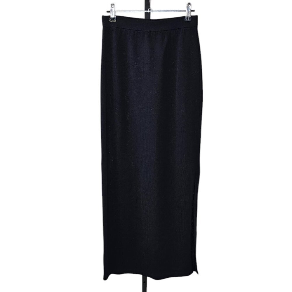 St. John Basics Womens Long Maxi Side Slit Skirt, Santan Knit, Black, Size 4